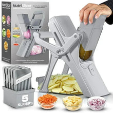 Gray mandoline slicer with V-blade frame and food chute, plus blade storage container