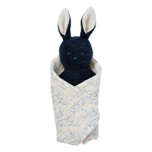 Embroidered plush bunny rattle in blue-and-beige cloth wrap