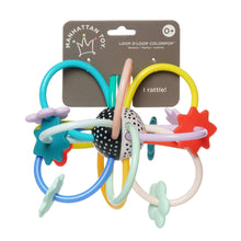 Infant loop rattle with teal, yellow, and red rings and star pendants