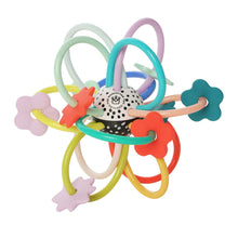 Infant loop rattle with colorful rings and star grips, black-and-white bell center
