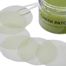 Cooling cheek hydrogel patches with round pads beside a green CHEEK PATCH jar
