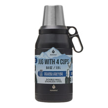 Manna 64oz stack jug in black with four stainless steel cups and carry handle