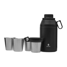 Manna 64oz stack jug in black with four stainless cups and carry handle