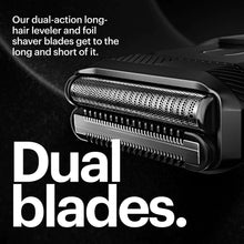 Black foil face shaver head with dual cutting blades detail