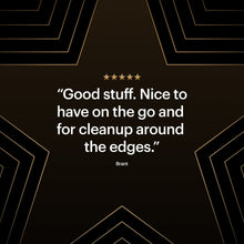 Gold star rating graphic with quote text on a dark background