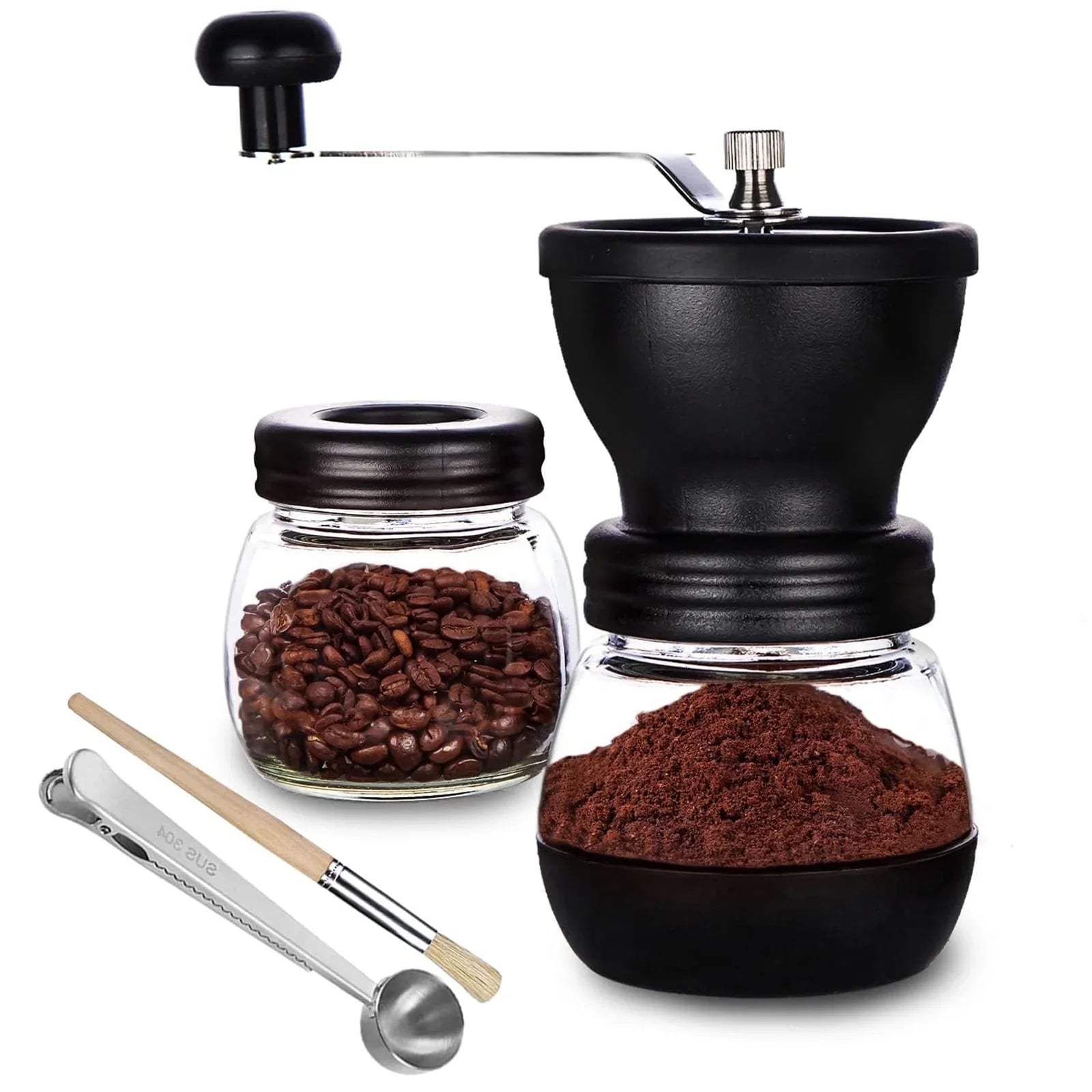 Baalaka Manual Coffee Bean Grinder Small, Ceramic Burr, 2 x 11oz Glass Jars, Stainless Steel Handle for Drip, Espresso, French Press & Turkish Brew