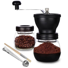 Manual coffee bean grinder with ceramic burr, glass canister jar, metal scoop, dark finish
