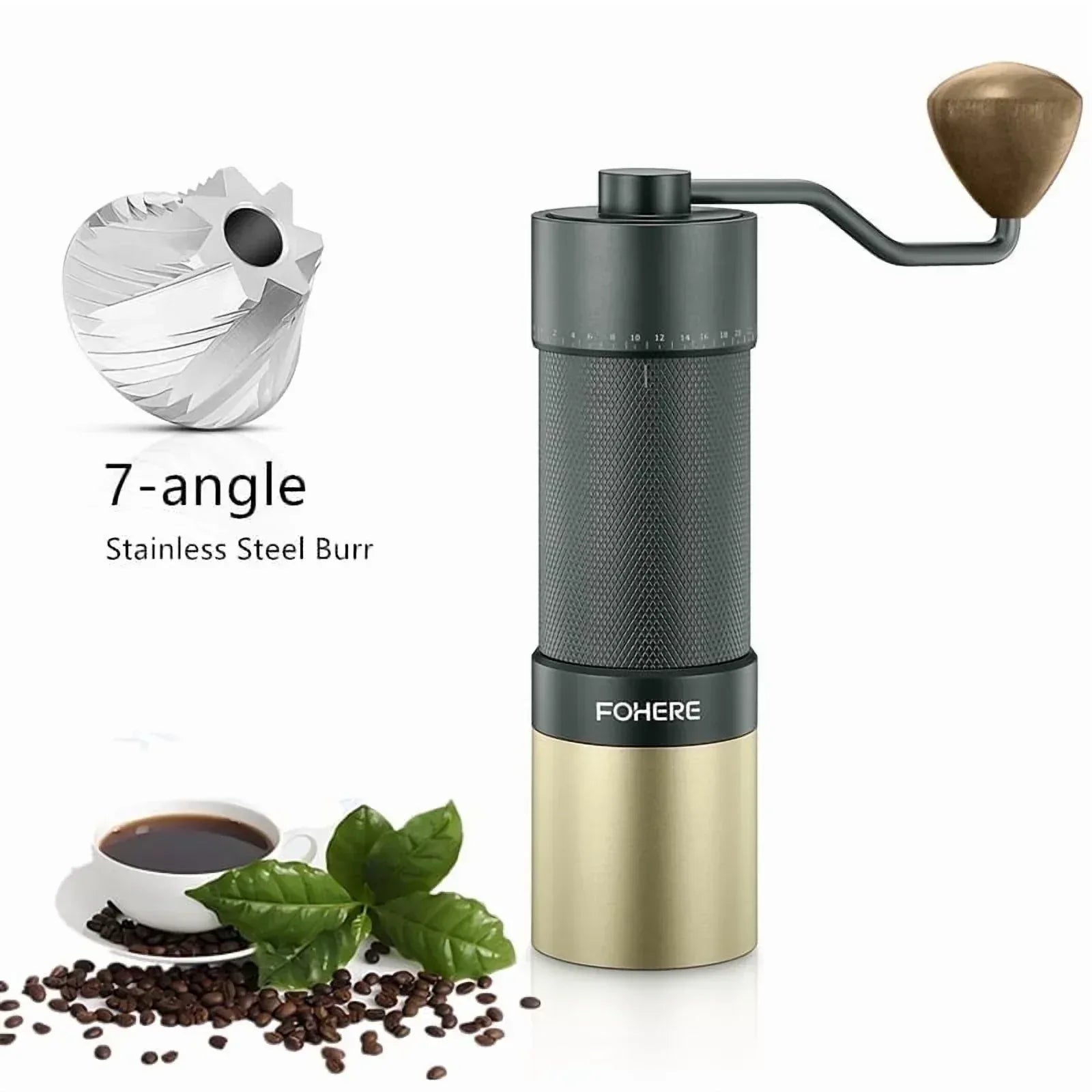FOHERE Manual Coffee Grinder, 7-Angle Stainless Steel Conical Burrs, External Adjustment, For All Coffees - USA MEGA SHOP