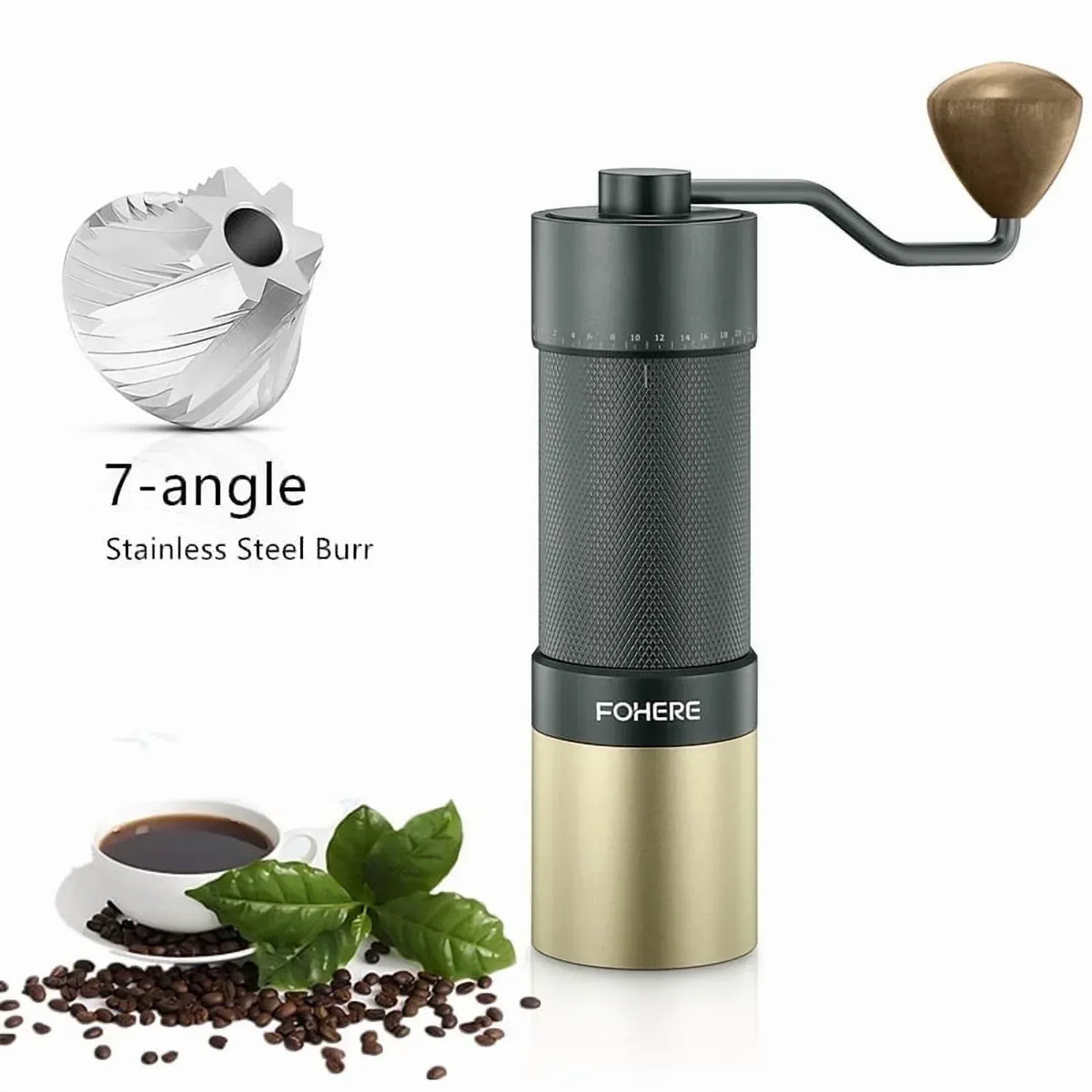 FOHERE Manual Coffee Grinder, 7-Angle Stainless Steel Conical Burrs, External Adjustment, For All Coffees - USA MEGA SHOP