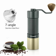 Manual coffee grinder with conical burrs, dark top and brushed steel body