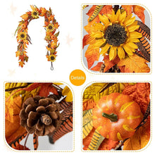 Fall leaf and sunflower garland detail: sunflower centers, leaf textures, acorn accents