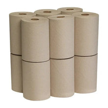 Stack of light-brown recycled paper towel rolls on end