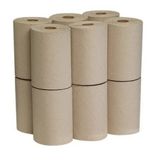Stack of brown 1-ply recycled paper towel rolls with cardboard cores
