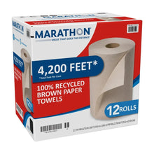 Recycled paper towel case with brown 1-ply rolls, 12-count packaging
