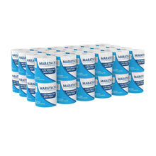 Multiple wrapped 2-ply bath tissue rolls in blue-and-white packaging
