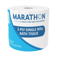 Single 2-ply bath tissue roll with blue-and-white label