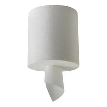 Single white paper towel roll with center core and loose end