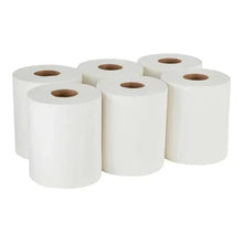 Set of white paper towel rolls with cardboard cores