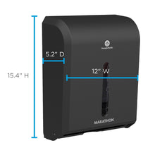 Black Marathon folded paper towel dispenser with front opening and size markers