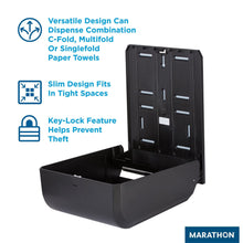 Black folded paper towel dispenser with open door and empty dispensing tray