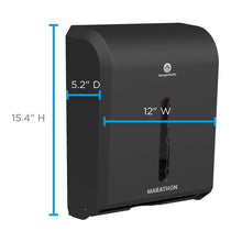 Black folded paper towel dispenser with 5.2" depth and 15.4" height dimension markers