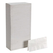 Stack of white 2-ply 1/8-fold dinner napkins with one loose napkin