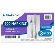 Dinner napkin box front for 1/8 fold white 2-ply napkins, 3 packs