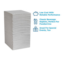 Tall stack of white beverage napkins with embossed texture along edges