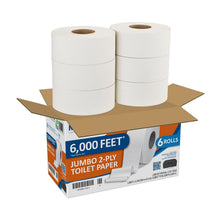 Two white jumbo toilet paper rolls standing in open box