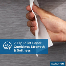 Hand pulling a white 2-ply toilet paper sheet