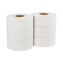 Two jumbo 2-ply toilet paper rolls, white tissue with core openings