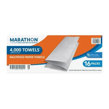 Multifold paper towel carton showing white towels and 16-pack count