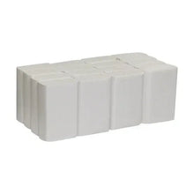 Flat stack of white multifold paper towels arranged in a neat row