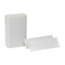 Stacked white multifold paper towels with one sheet extended