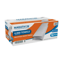 Multifold paper towel carton with stacked white towels, 16 packs per bundle