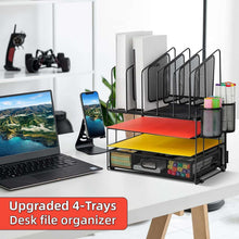 Black metal mesh desk organizer with red and yellow trays, vertical file slots