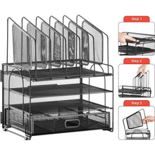 Black mesh desk organizer with drawer and three shelves, vertical file slots