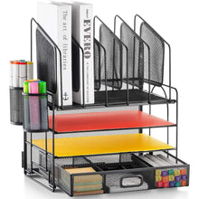 Black mesh desk organizer with drawer, four vertical file holders, two pen cups
