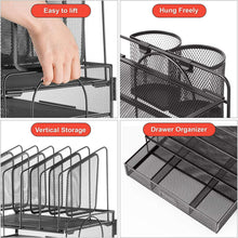 Black mesh desk organizer with drawer and vertical file holders, showing lift-open lid