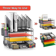 Black mesh desk organizer with drawer and stacked trays with vertical file holders