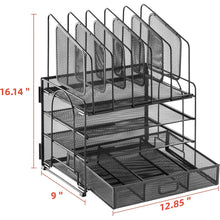 Black mesh desk organizer with four vertical file holders and two-tier base, front drawer