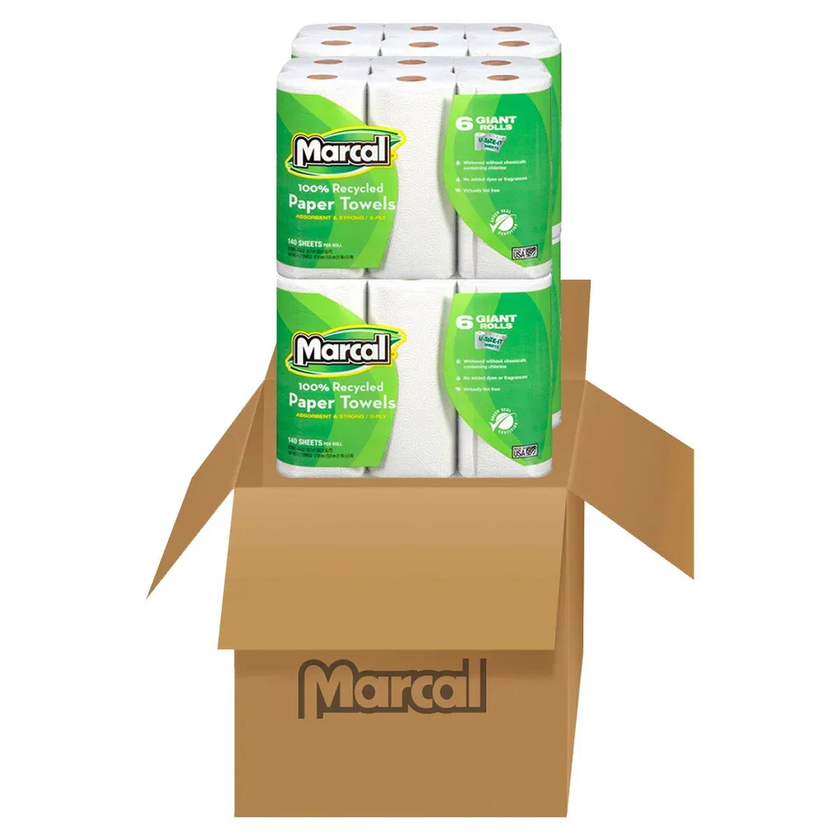 Marcal 100% Recycled Paper Towels, 2-Ply, 140 Sheets, 24 Rolls - USA MEGA SHOP