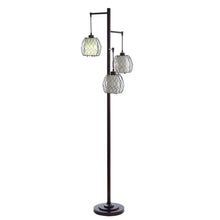 3-light floor lamp with three wire cage shades and dark pole stand, front view.