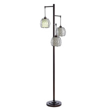 3-light floor lamp with three cage shades and stepped frame on a dark base