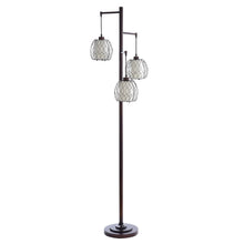 3-light floor lamp with three wire cage shades on a dark vertical post and round base.