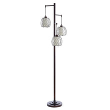 3-light floor lamp featuring three cage-style shades on a tall dark pole