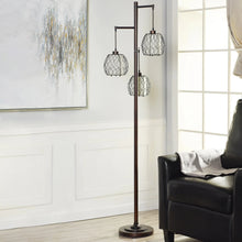 3-light floor lamp with three wire cage shades and dark pole stand.