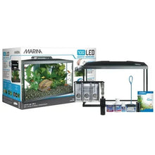 Marina LED aquarium kit with tank, filter parts, tubing, and bottles shown