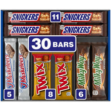 Chocolate variety pack box labeled 30 bars: Snickers, Twix, Milky Way, 3 Musketeers