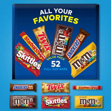 Candy bar variety pack showing six full-size bars: Snickers, Twix, Skittles, M&Ms